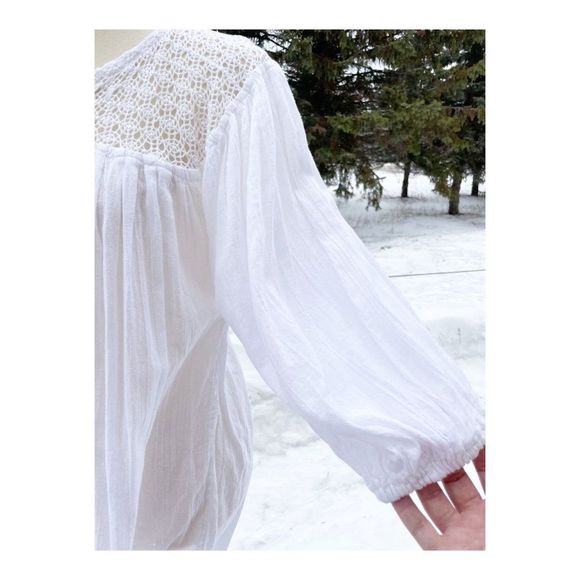 SOLD Vintage 90s Boho Peasant Top Balloon Sleeve Crotchet Collar 100% Cotton - Picture 7 of 11